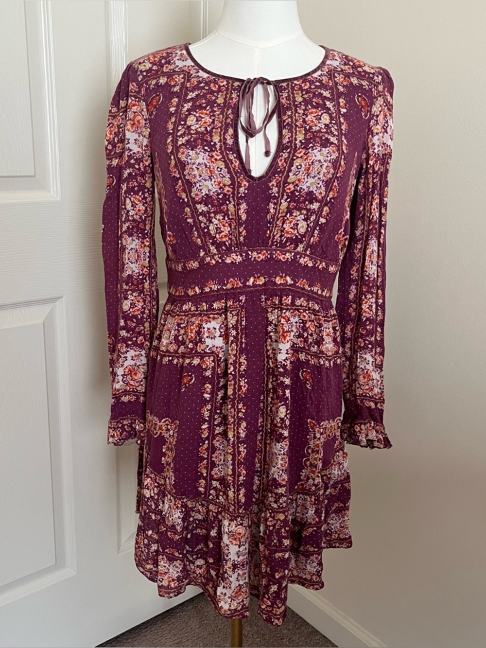 Free People Purple Floral Long Sleeve Mini Dress Womens Size SP Summer Boho